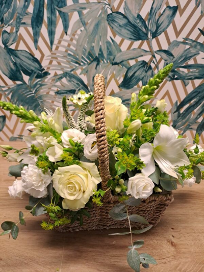 White and Green Basket - Basket of beautiful fresh white and green flowers. To include lillies and roses