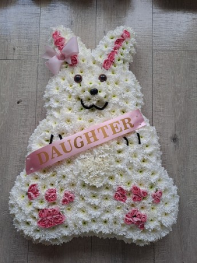 Rabbit Tribute - Pink - A sweet floral tribute in the shape of a rabbit.